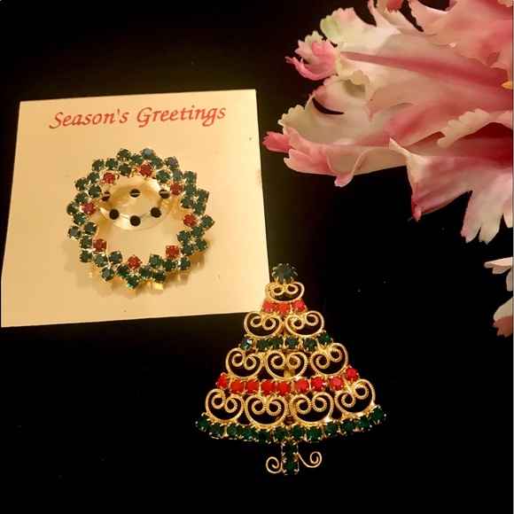 Seasons Greetings 2 Rhinestone Christmas Brooches - Picture 7 of 8